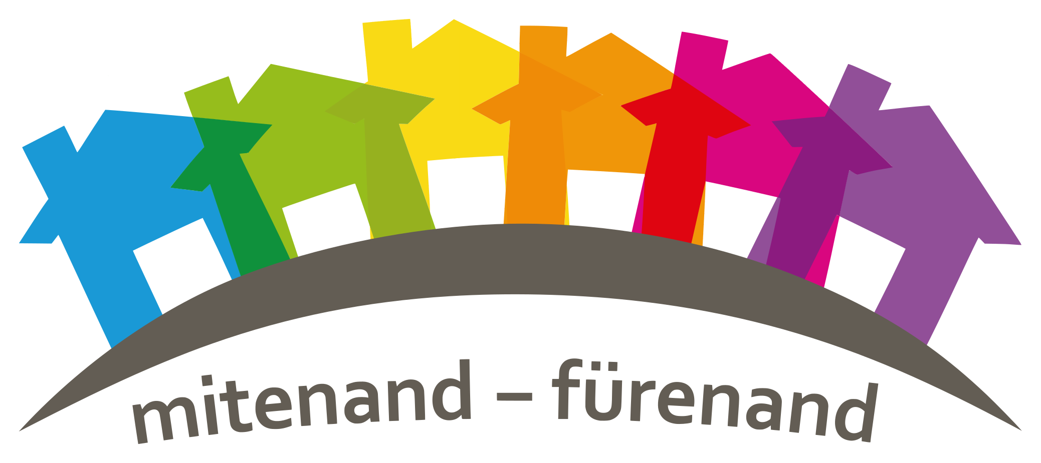 Logo der Nachbarschaftshilfen Frauenfeld (farbige Häuser) mit Leitspruch "mitenand - fürenand"