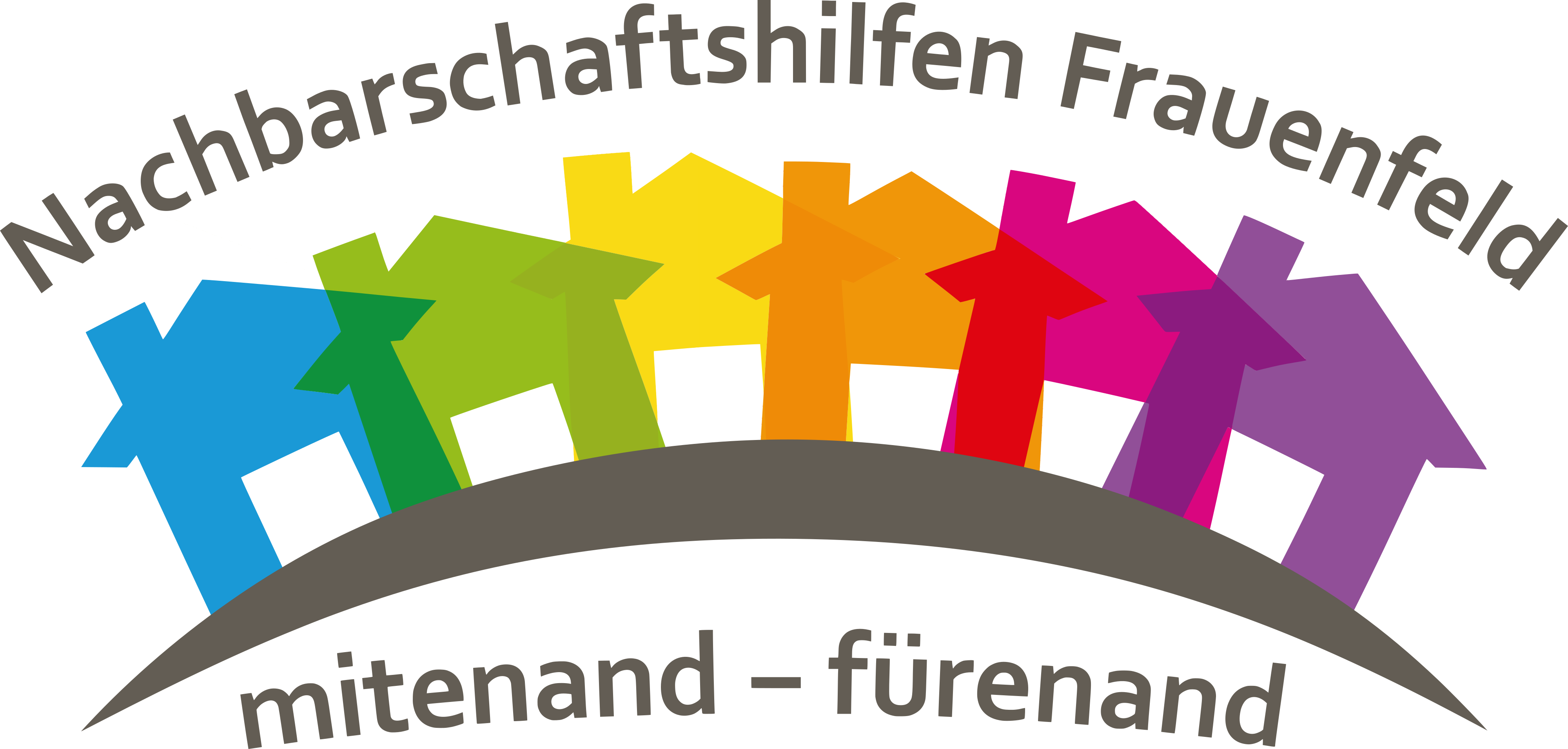 Logo der Nachbarschaftshilfen Frauenfeld (farbige Häuser) mit Leitspruch "mitenand - fürenand"